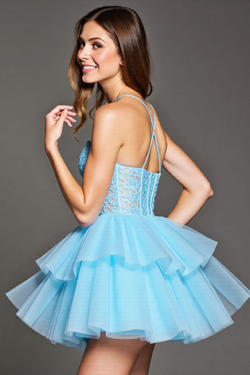 Tiered Sky Blue Corset Tulle Short Homecoming Dress with Appliques